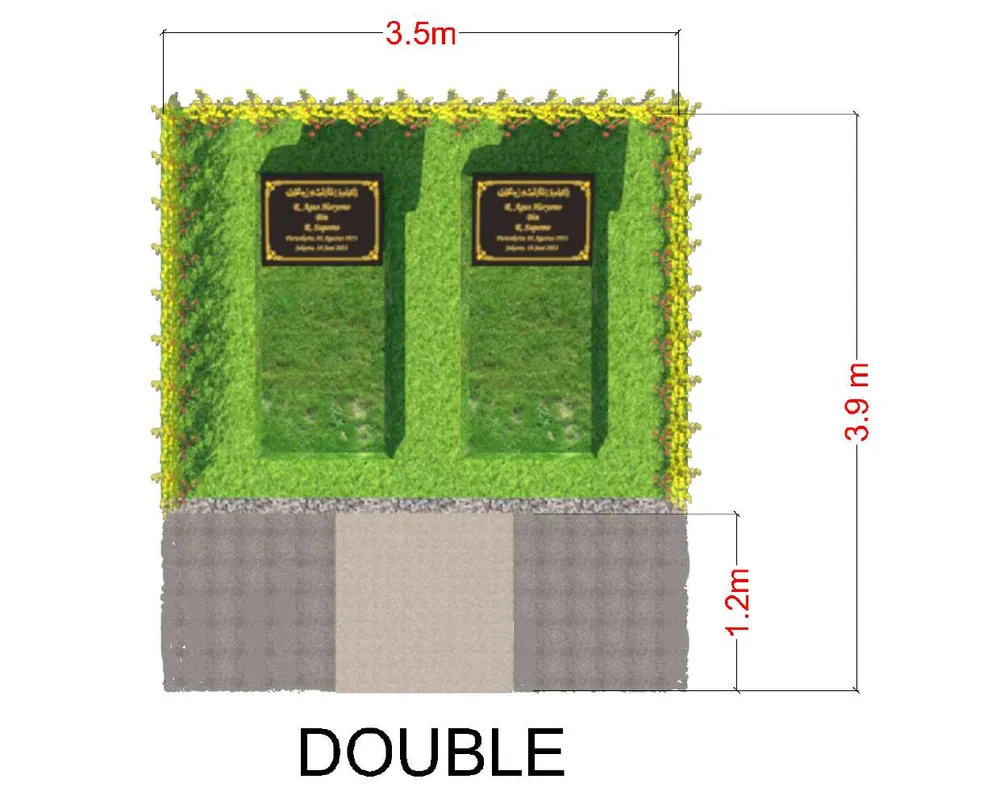 Denah kavling Double 3,5 × 3,9 m dengan walkway 1,2 m