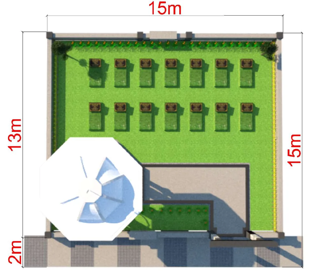 Denah kavling Royal Family A 15 × 15 m dengan gazebo
